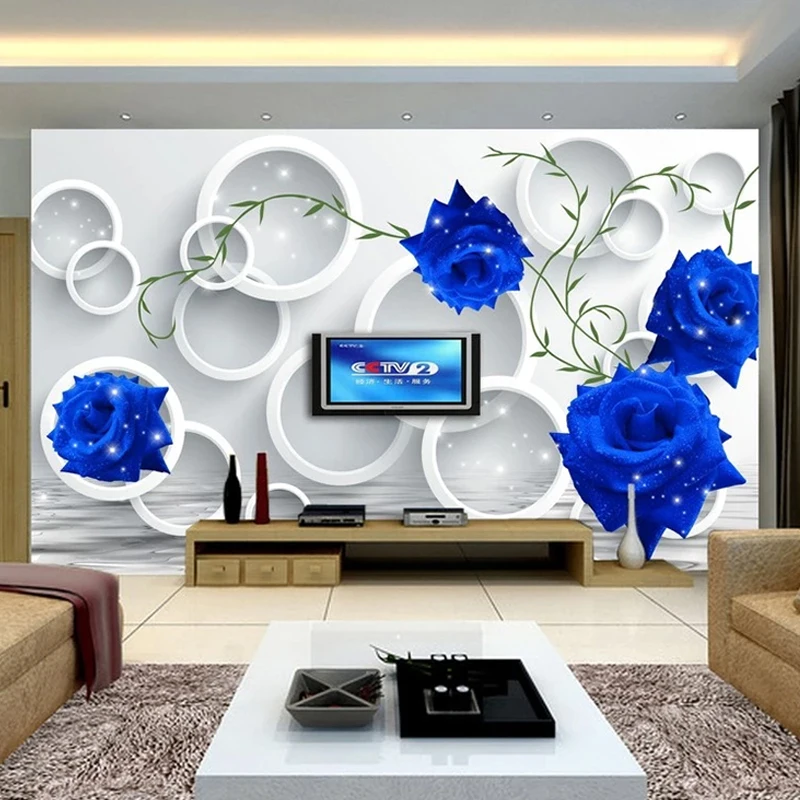 3D Stereo Circle Blue Roses Mural Wallpaper Living Room TV Sofa Bedroom Home Decor Background Painting Home Decor 3D Sickers