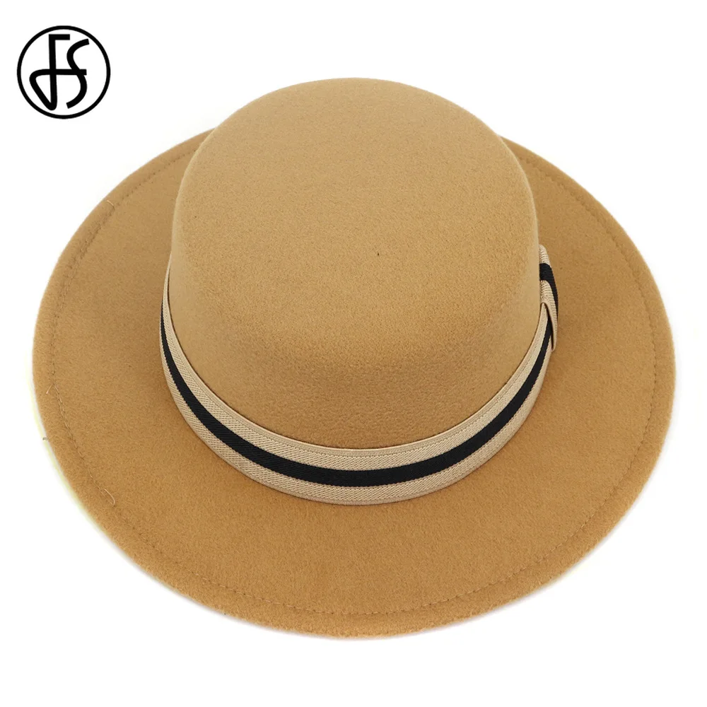 FS Men Women Wool Felt Fedora Bowler Hat with Ribbon Band Elegant Wide Brim Flat Top Party Jazz Cap Black Red Army Green Hats