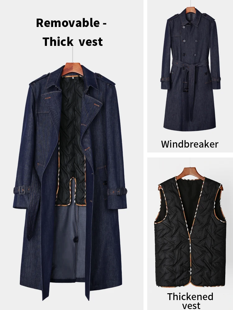 Long denim windbreaker men’s over the knee double breasted British Jean trench coat Autumn and winter thickened warm jacket coat