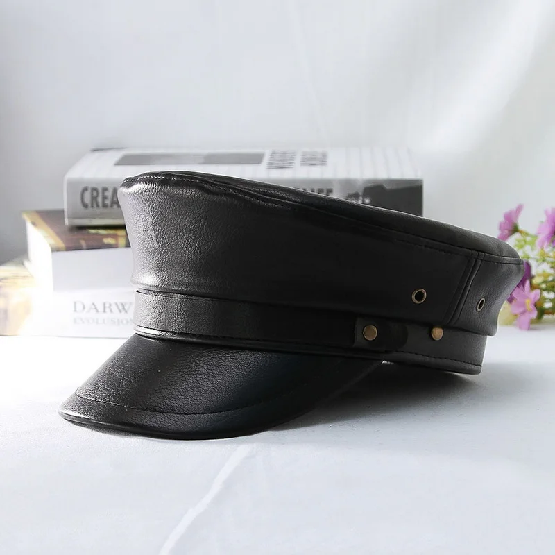 Women Newsboy Hats Vintage PU Leather Military Caps Fiddler Hat Captain Sailor Cap Baker Boy Peaked Cap