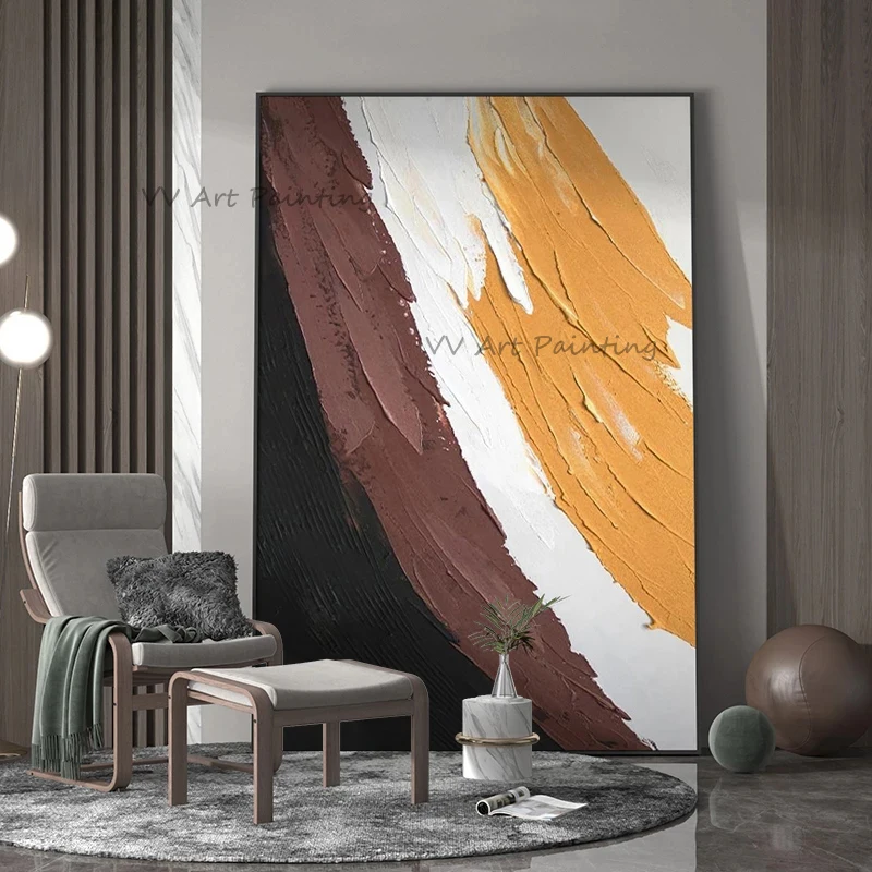 100% Hand Painted Canvas, Thick Impasto Brown Gold Color Block Abstract, Vertical Entry Wall Decor