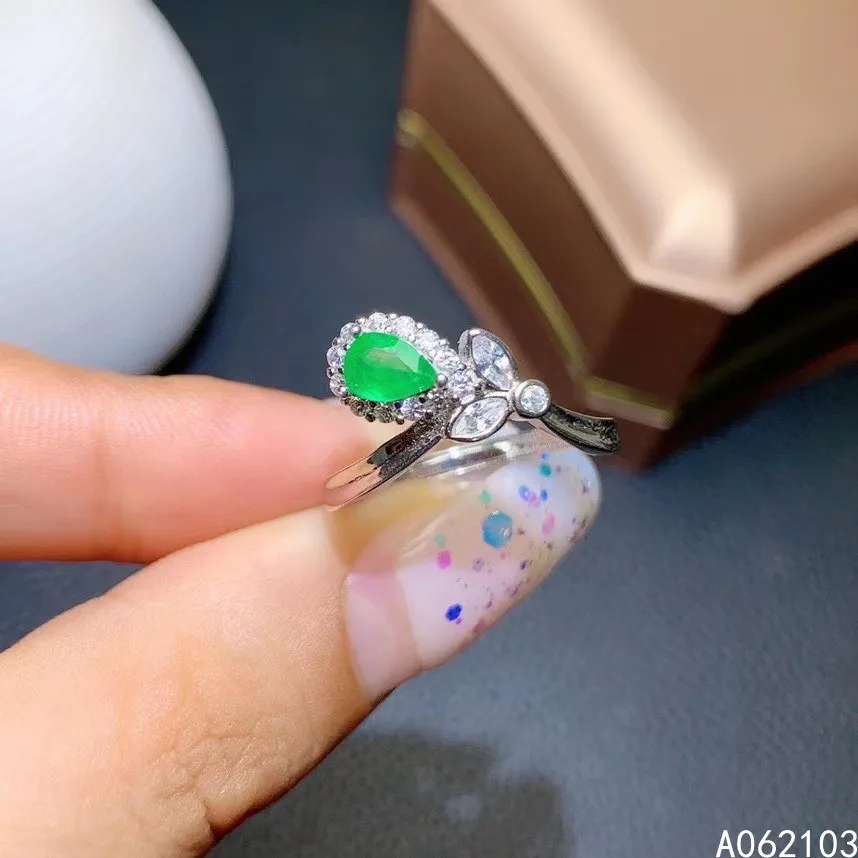 

KJJEAXCMY fine jewelry 925 sterling silver inlaid natural emerald Women's elegant fresh ol style water drop plant gem ring suppo