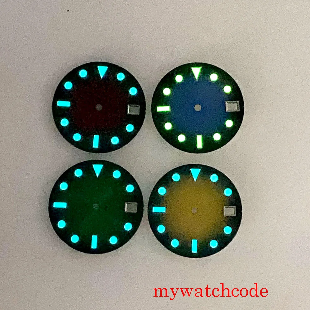 28.5mm verde azul vermelho nenhum logotipo marcas luminosas relógio mostrador rosto para NH35 movimento automático