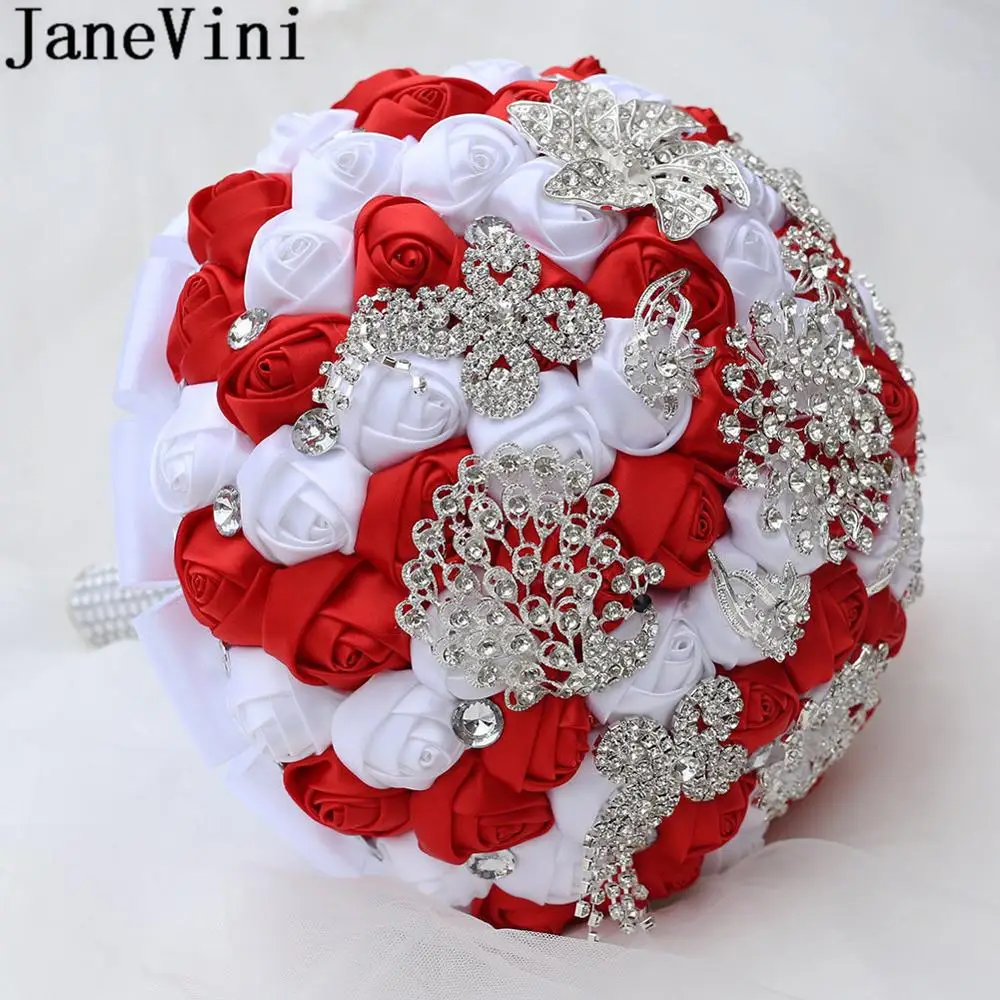 Buquê de noivas em estilo ocidental janevini, buquê de flores com strass e prata brilhante, buquê de casamento vermelho e branco personalizado, buquê de cetim