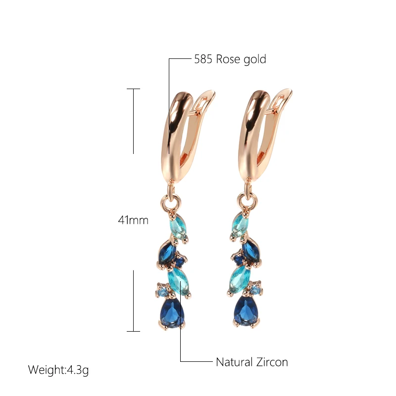 Kinel New Blue Water Drop Long Earrings 585 Rose Gold Romantic Wedding Women Fashion Jewelry Horse Eye Natural Zircon Earrings