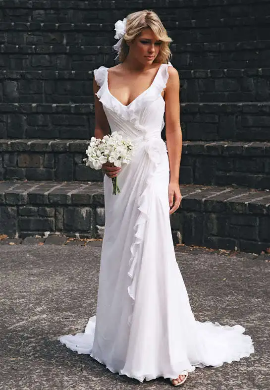 Abiti da sposa su misura in chiffon bianco da sposa senza schienale in chiffon bianco da sposa a buon mercato con volant sul fiore vestido de noiva