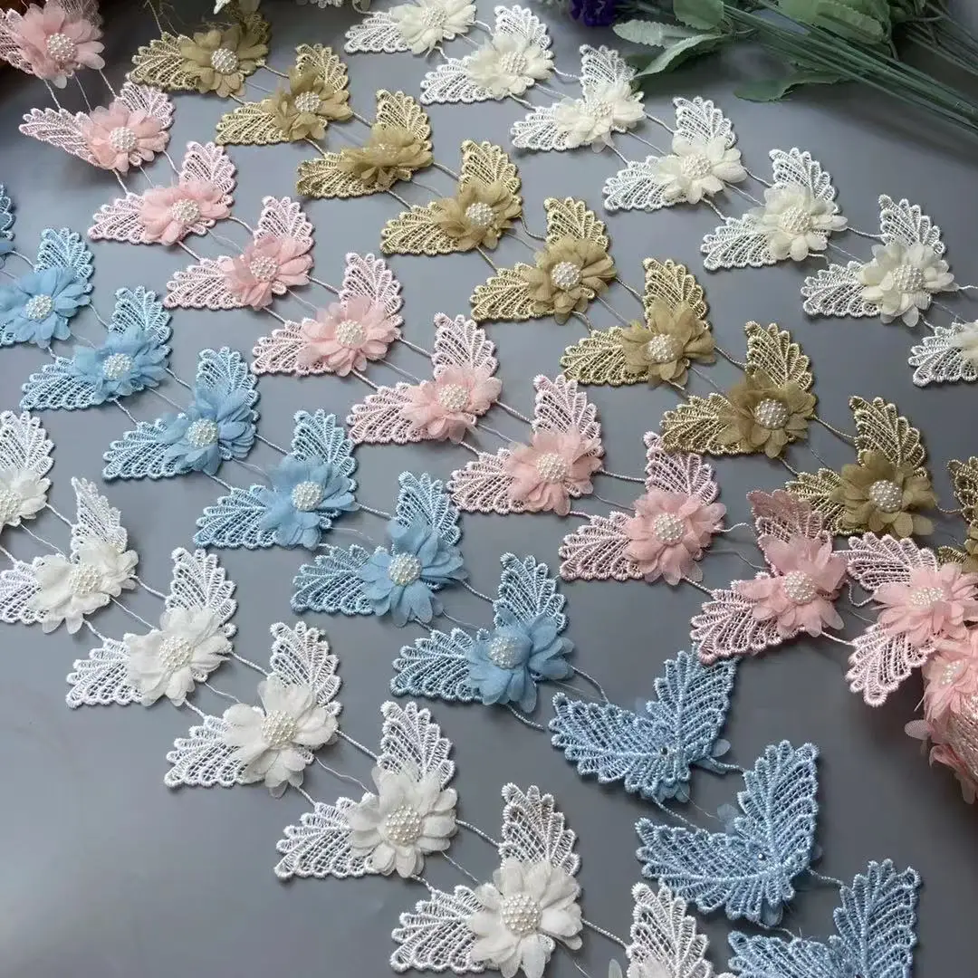 

10x Chiffon Diamond Flower Butterfly Lace Trim Ribbon Fabric Handmade Embroidered Applique Wedding Dress Sewing Craft Decoration