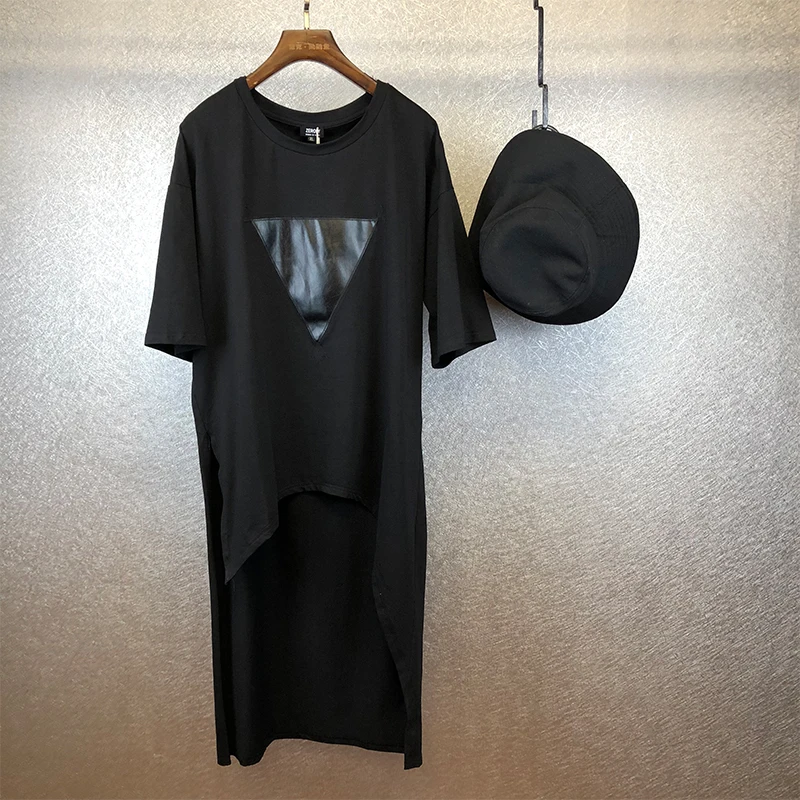 Original summer personality asymmetrical front short back long loose black T-shirt male Korean version of the long stitching pat