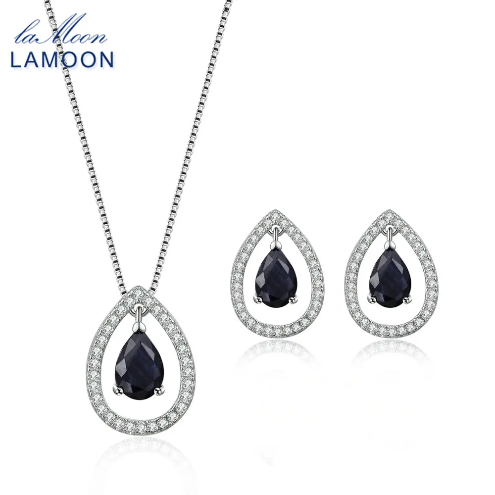 

LAMOON Natural Sapphire Gemstone Jewelry Sets For Women 925 Sterling Silver Vintage Water Drop Necklace Earrings V040-5