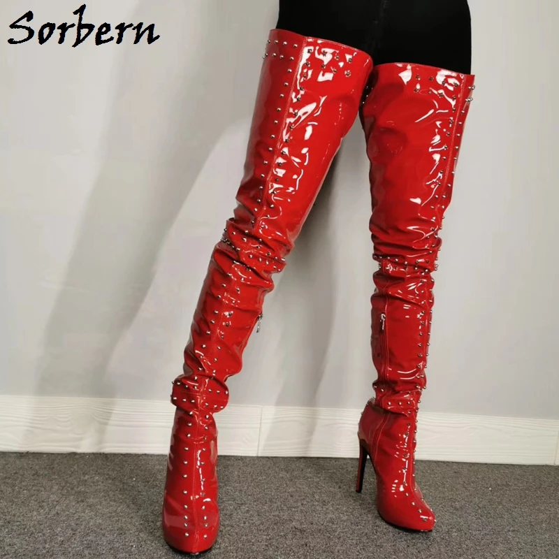 Sorbern Red Patent Crotch Thigh High Boots Women Over The Knee High Heel Studs Punk Rivets Custom Wide Slim Legs Service