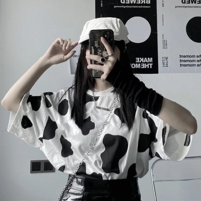 Camisetas con estampado de vaca para mujer, ropa informal holgada de manga corta, Tops de calle Harajuku, moda Harajuku