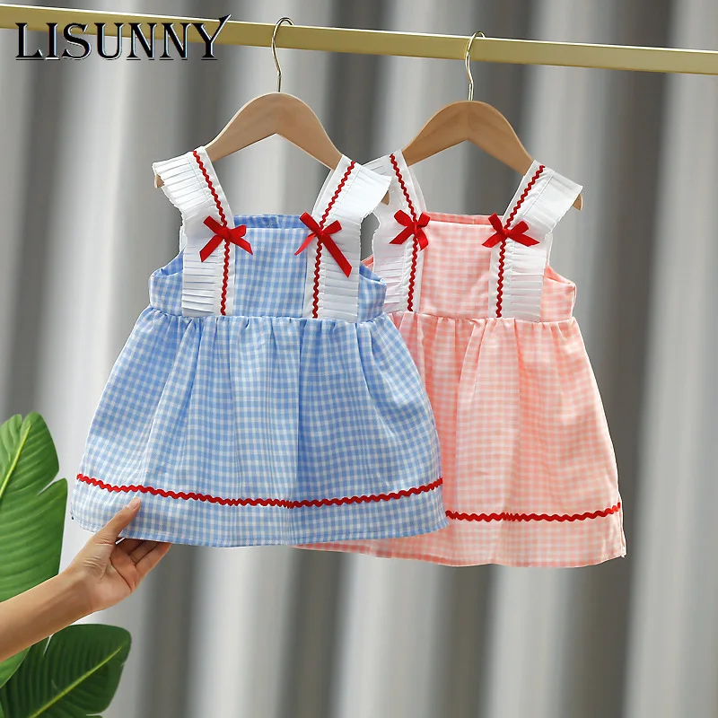 LISUNNY Summer Brand New Cute Cotton Dresses for Newborn Girls Suspender Clothes Baby Girl Princess Plaid Cute Bow Dress 0-4y