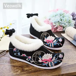 Veowalk Winter Women Faux Fur Collar Low Top Ballet Flats Pointed Toe Chinese Style Ladies Casual Warm Hidden Platform Shoes