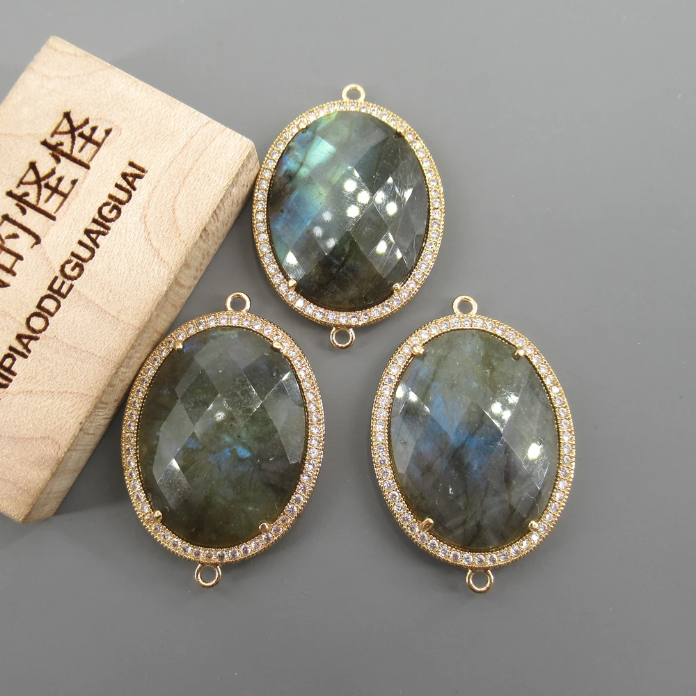 

APDGG 5 PCS Oval Faceted Labradorite 25x28mm Cz Gold Plated Edge Double Bail Connector DIY