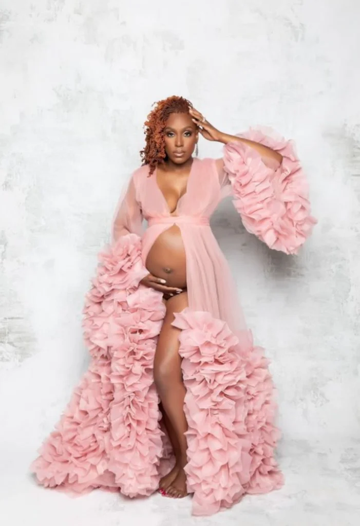 Fashion Pregnant Sleepwear Pink Women Evening Dress Sexy Photograph Robes Tiered Ruffles Gown Bathrobe Sleep Nightdress