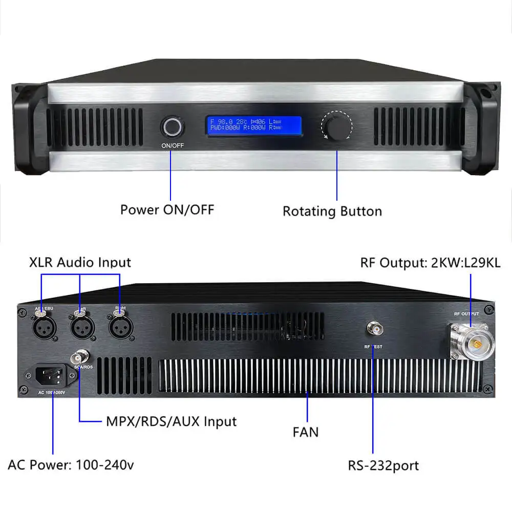 2000W 2KW FM Transmitter + 4-bay antenna with power divider+50m 7/8