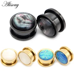 Alisouy 2pcs Stainless Steel Blue Opal Shell Earrings Ear Expanders plugs Stretchers Ear Tunnels Gauges Piercing Body Jewelry