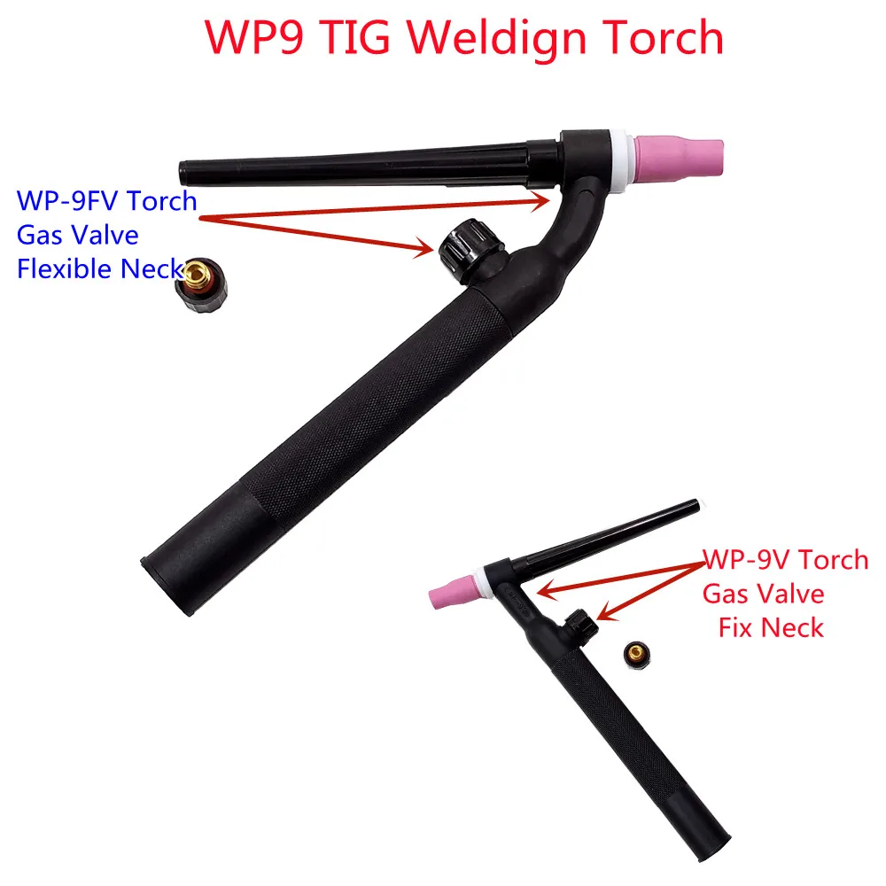 

WP9 TIG Torch GTAW Gas Tungsten Arc Welding Gun Argon Air Cooled WP9V Gas Valve WP9FV Flexible Neck TIG Welding Torch