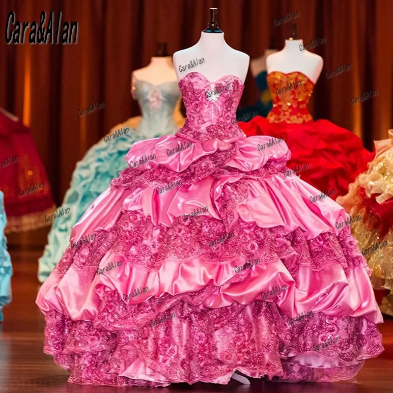 Mexican Traditional Quinceanera Dresses Sweetheart Tiered Lace Satin Sweet 16 Hot Pink Vestidos de xv años