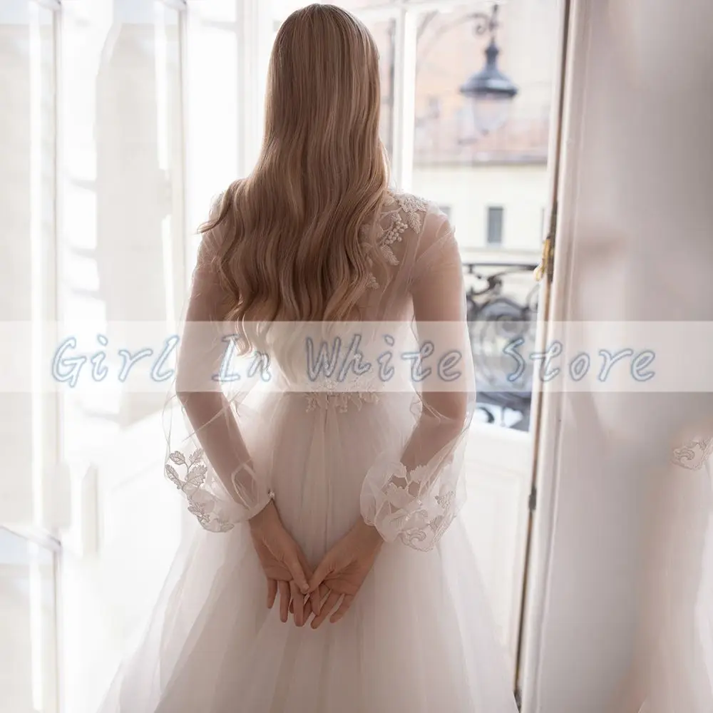 Abiti da sposa con applicazioni o-collo 2021 Illusion Back pizzo fiori perline corte dei treni A-Line maniche lunghe Vestido De Novia