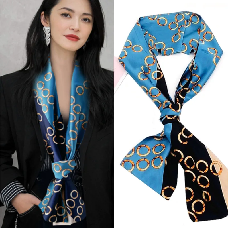 Stars with the fashion silk scarf women thin narrow ribbon chain imitation silk scarf senior sense decorative scarf 15cm*145cm