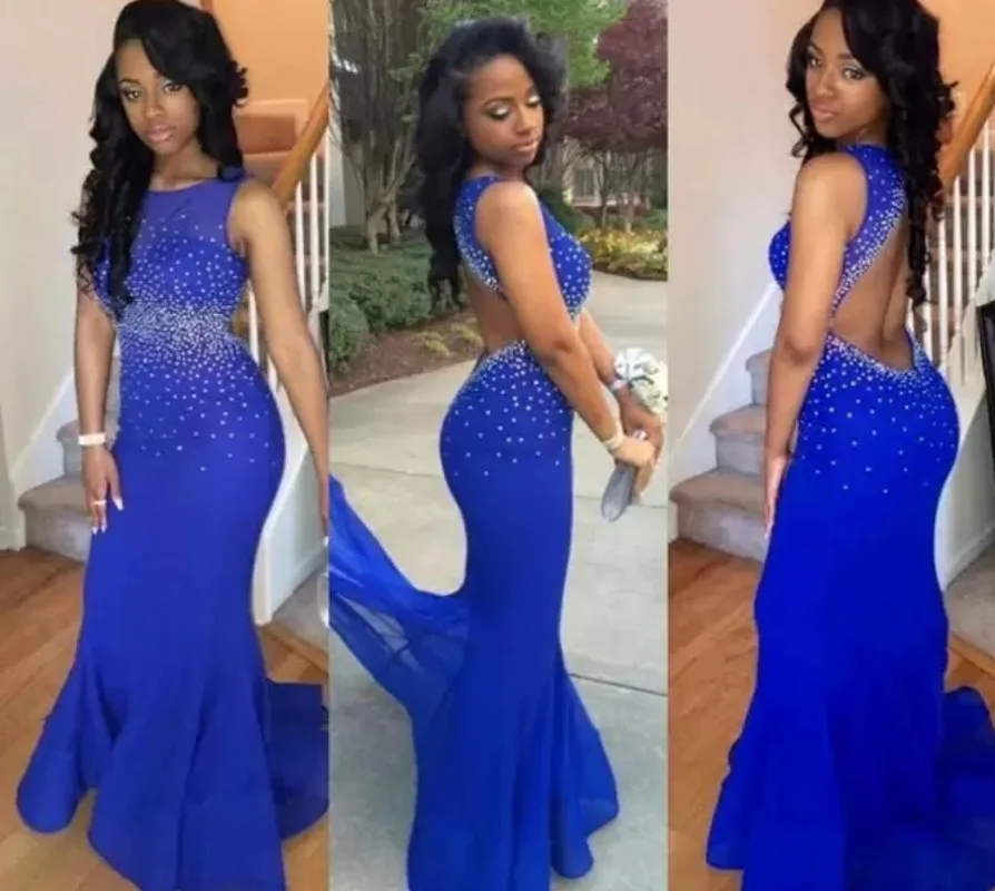 Sexy Mermaid Prom Dresses Royal Blue Crew Hals Kralen Crystal Floor Lengte Ruglooze Formele Avondjurk Vestidos Robe De Soiree