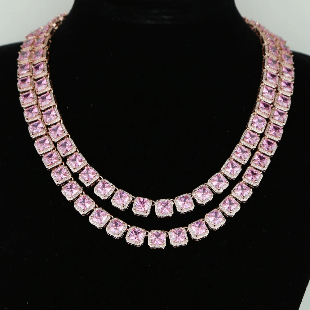 Iced Out Bling Pink AAAA Zircon 8mm Tennis Chain Necklace Women Hip Hop Fashio Jewelry rose Gold Color Pink CZ Choker Necklaces