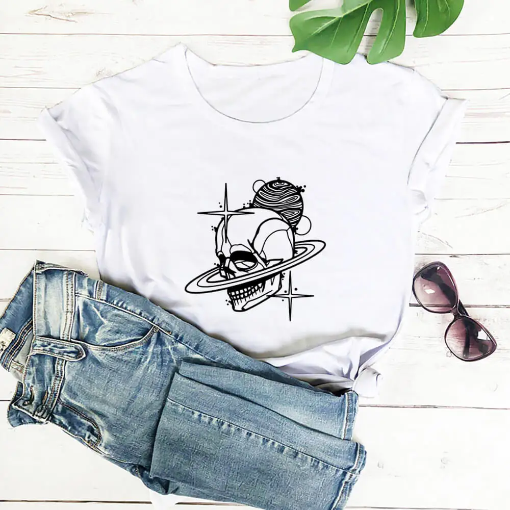 

Skull Planet Graphic Print 100%Cotton Women Tshirt Unisex Funny Summer Casual O-Neck Short Sleeve Top Nature Shirt Eco Life Tee