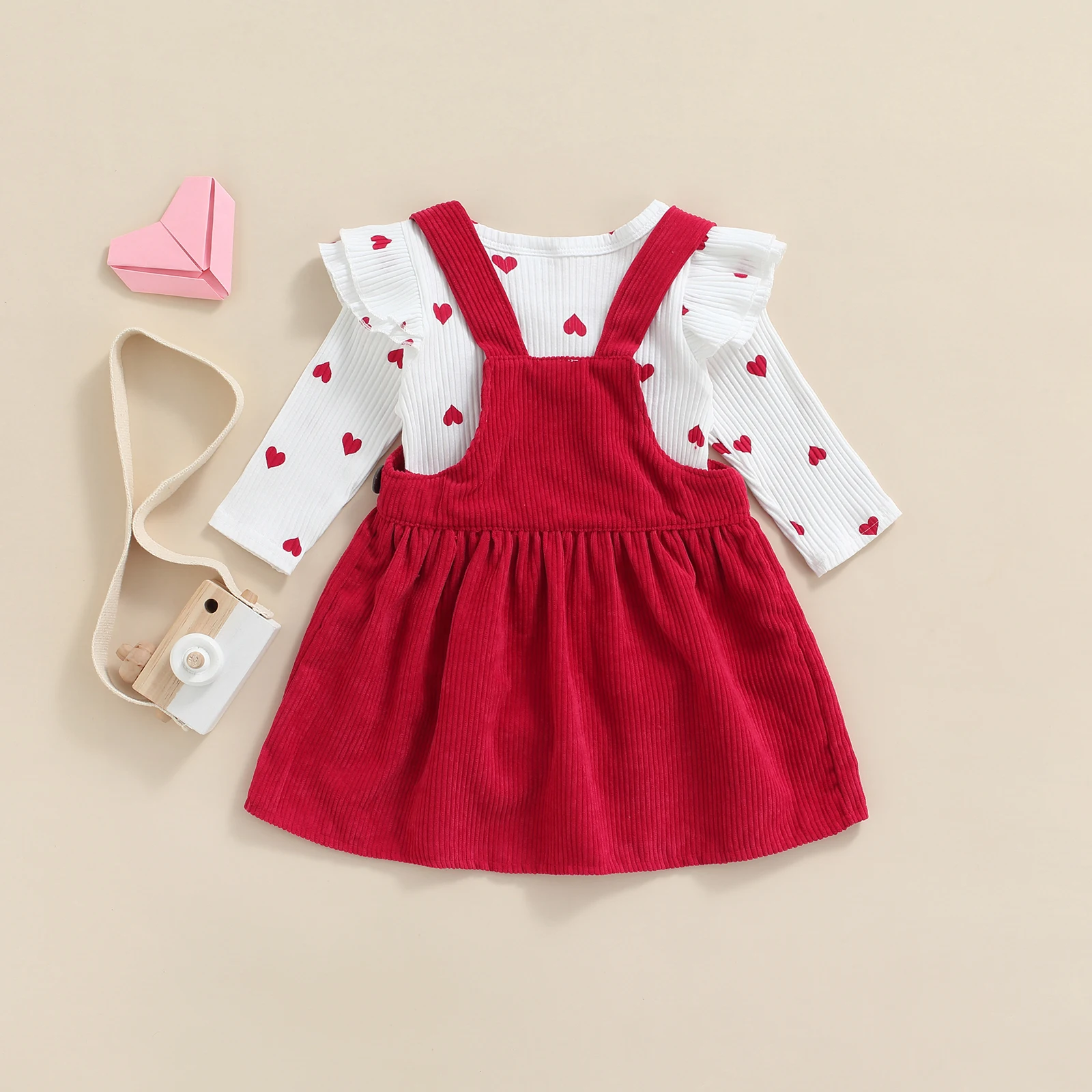 Lioraitiin 0-18M Newborn Infant Baby Girl\'s 2Pcs Suit Heart Pattern Ruffle Long Sleeve Round Neck Romper Suspender Skirt