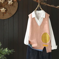 2021 Korean College style Women's Knitted Taped Vest Girls Loose V-Neck Sweater Students Leisure Comfortable Outside Wear Pink