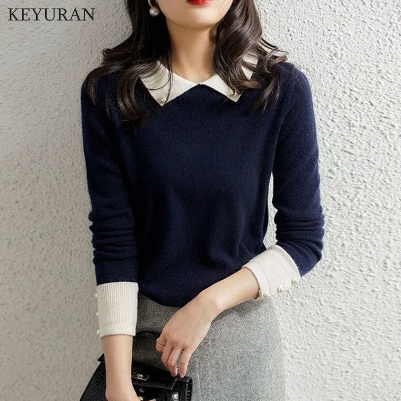 Women Knitted Sweater Pullover Autumn Korean Vintage Pearl Beading Turn-down Collar Long Sleeve Patchwork Sweater Jumper Female