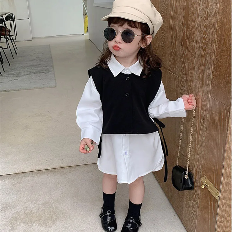 Girls\' Spring Autumn Clothes Set New Japanese Korean Style Vest + White Shirt Lapel 2PCS Children\'S Suit Baby KIds Fashion Top