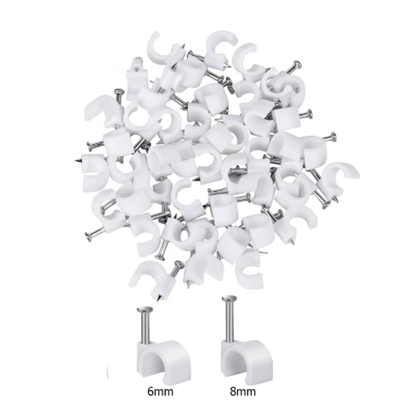 100PCS Round Cable Wire Clips 6mm 8mm Cable Management RG6 CAT6 RJ45 Electrical Wire Cord Tie Holder Circle Cable Clips white