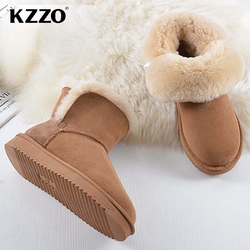 KZZO Real Sheepskin Leather Women Snow Boots Natural Wool Fur Lined Ankle Winter Warm Shoes Classic Casual Flat Boots Non-slip