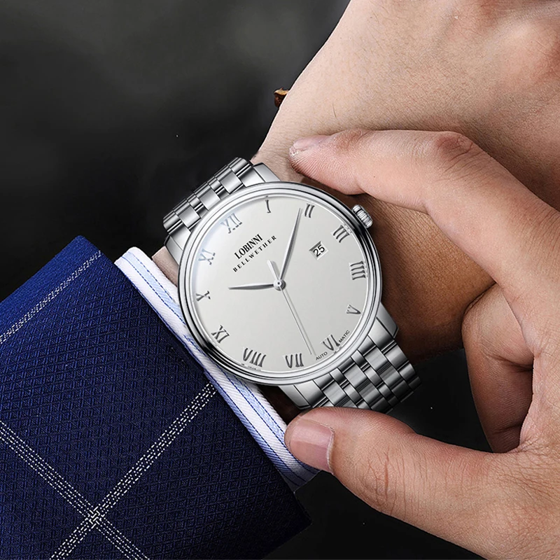 LOBINNI лучший бренд, классические автоматические механические часы из нержавеющей стали, мужские ультратонкие аналоговые водонепроницаемые часы с белым циферблатом