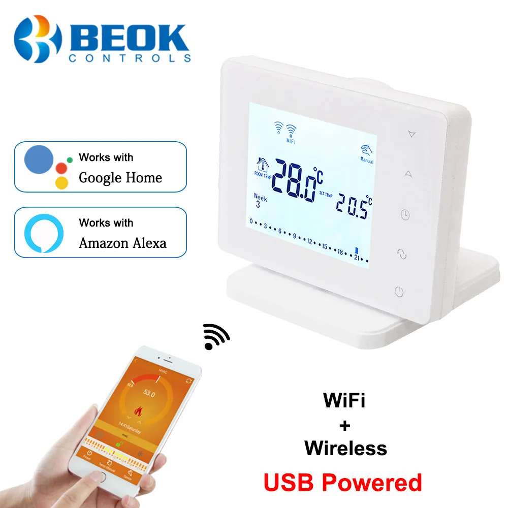 Beok Wireless or Wifi Smart Thermostat Regulator Gas Boiler Heating Weekly Programmable Temperature Controller Works with Alexa