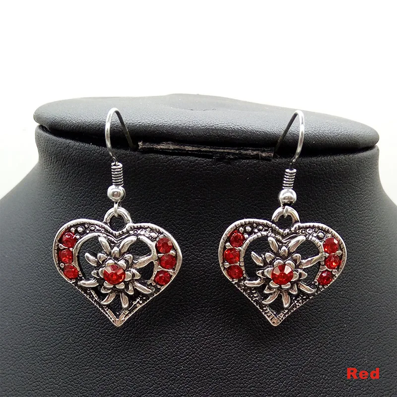 New Vintage Heart Edelweiss Fish Hook Earrings Women Oktoberfest Costume Fashion Traditional Colours Rhinestone Earrings Jewelry