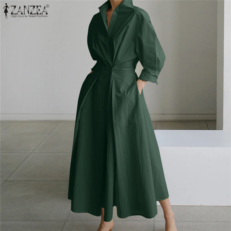 ZANZEA Fashion Lapel Neck Long Sleeve Sundress Elegant Women Autumn Long Shirt Dress Oversized Solid OL Vestidos Robe Femme