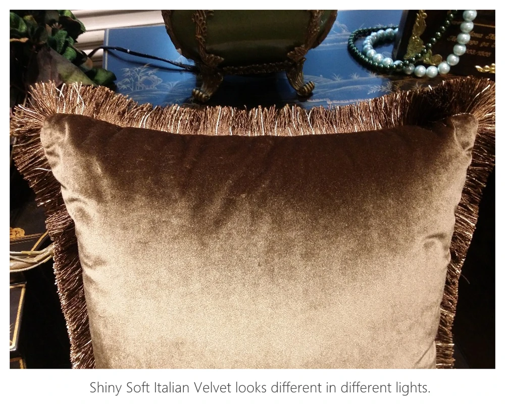 Luxurious Solid Brown Turquoise Blue Shiny Soft Velvet Cushion Cover Fringe Pipping Decorative Sofa Pillow Case 45 x 45 cm