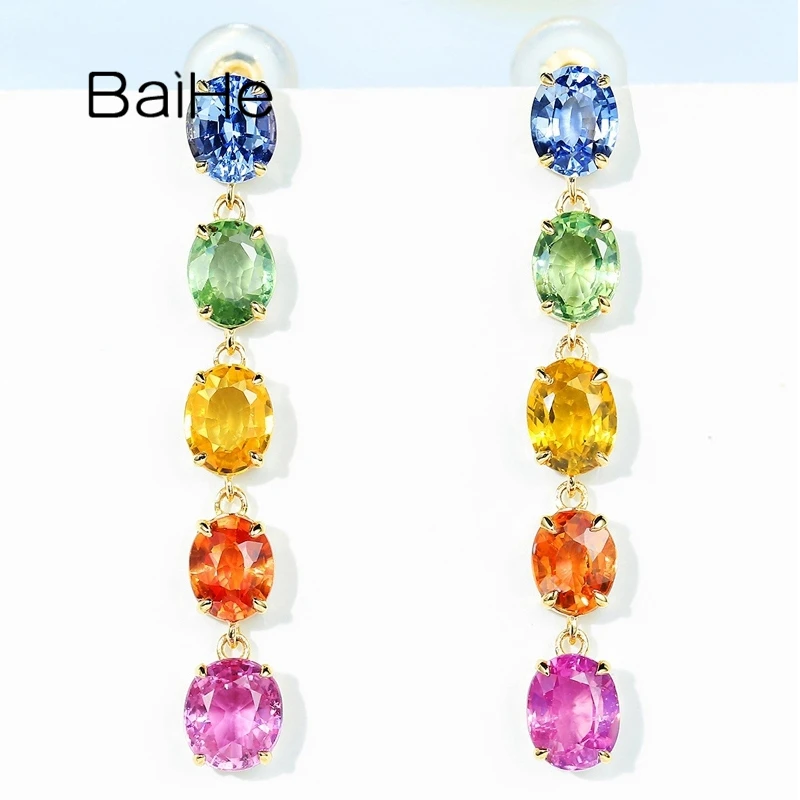 

BAIHE Solid 14K Yellow Gold 4ct Color Sapphire Rainbow Long Stud Earrings Women Fine Jewelry Making Longues Boucles D'oreilles