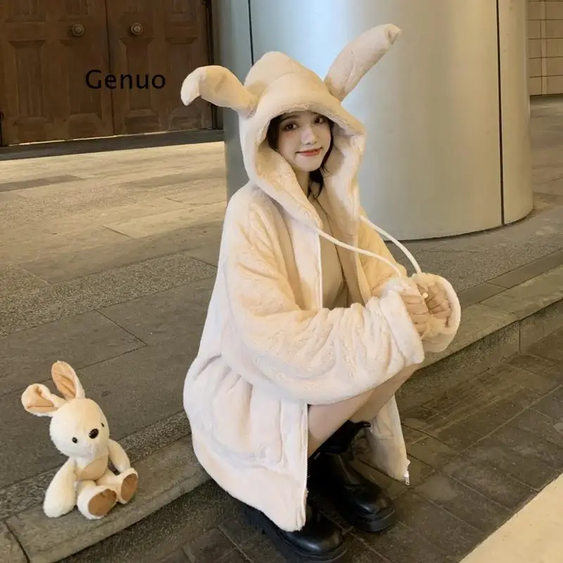 

Spring fluffy jacket with rabbit ears raglan sleeve zipper Oversize light soft harajuku kawaii faux fur hoodie