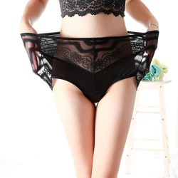 Women's Panties Large Sizes Lace Hollow Out Thin Transparent High Waist Panties Sexy Women Underwear Plus Size Briefs