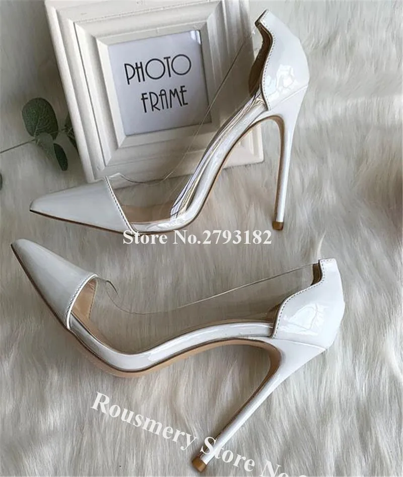 Women Elegant Brand Design Pointed Toe PVC Stiletto Heel Pump White Clear Transaprent Patchwork High Heels Formal Dress Shoes