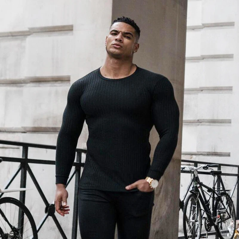 

Spring Fashion Men's O-neck Sweaters Black Strips Elasticity Knitted Pullovers Men Solid Sports Sweaters Male Slim Fit Knitwear