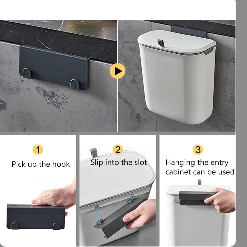 7L/9L Kitchen Trash with Cover Home Cupboard Door Wall-mounted Hanging Creative Storage Toilet Bathroom Paper Basket Papelera
