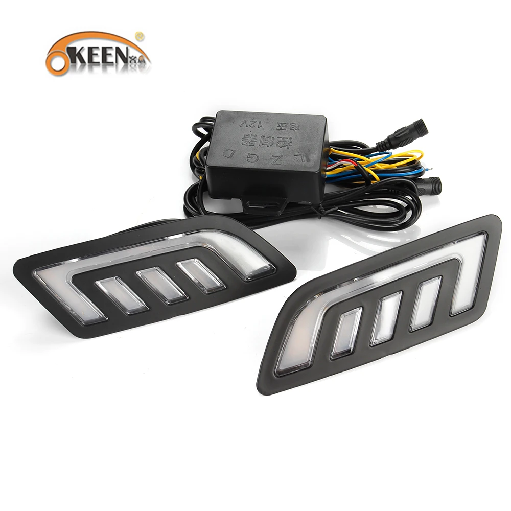 OKEEN 2x Car LED Daytime Running Light for Nissan Navarre 2018 2019 2020 2021 Day Light White Turn Signal Light Yellow Fog Lamps