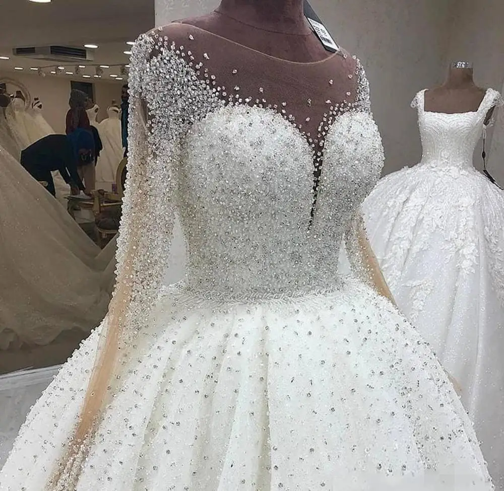 Perline di lusso abiti da sposa in cristallo 2024 maniche lunghe Scoop collo trasparente abito da sposa su misura vestido de novia mariage