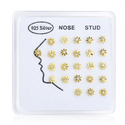24pcs/set 100% 925 Sterling Silver Vintage Rhinestone Gold Sun Nose Rings & Studs Piercing Jewelry For Women Girls Wholesale New
