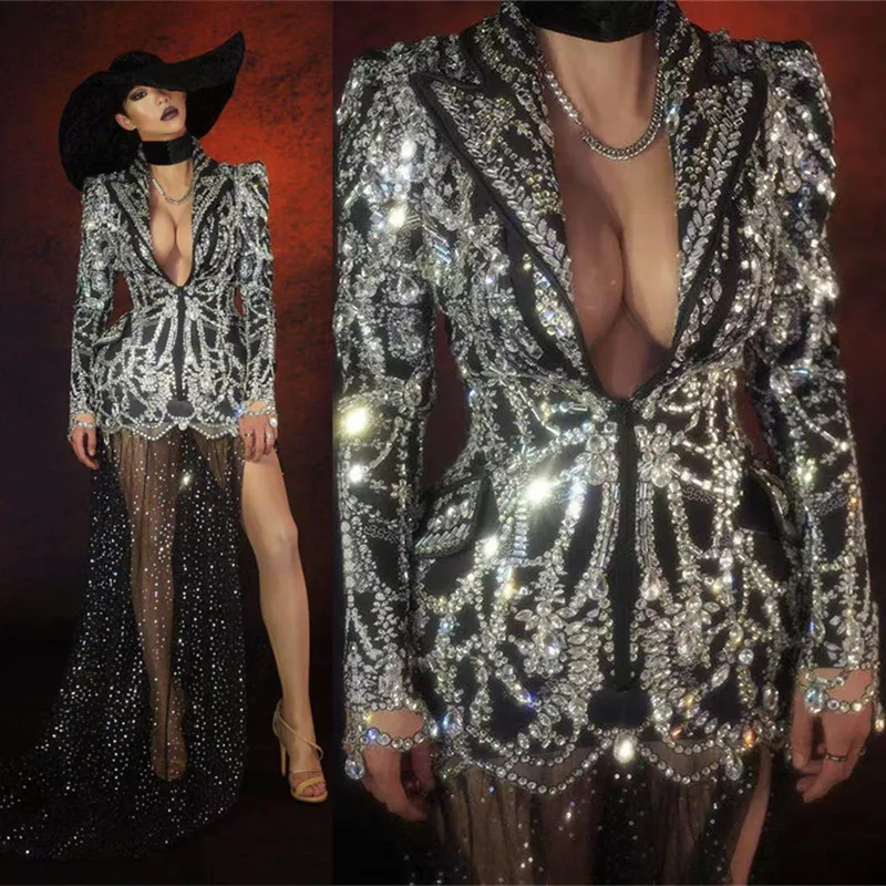 

Bar Stage Rhinestones Print Blazers Dress Slim Coat Tailing Costume Fashion Stage Wear For Singer Dancer Nightclub Suit Jacket