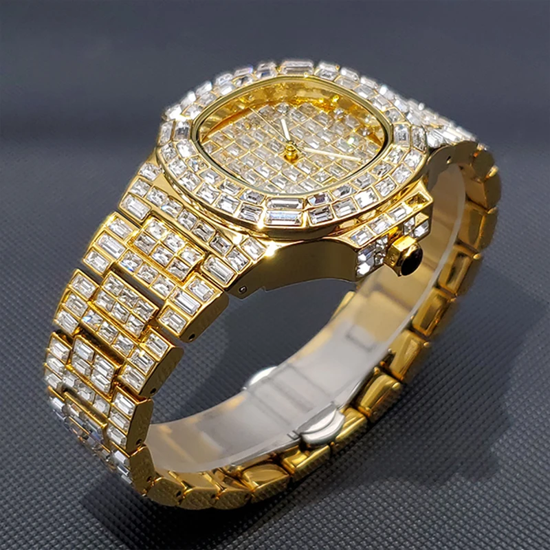 Luxury 18K Gold Men\'s Watches Hip Hop Style Full Diamond Quartz Wristwatch Punk Ice Out Jewelry Bracelet Clock Relógio masculino